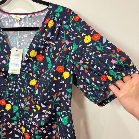 Boden NWT Navy Blue Floral Mini Dress 12 Cotton Puff Sleeves Spring Mod Garden - Picture 2 of 10